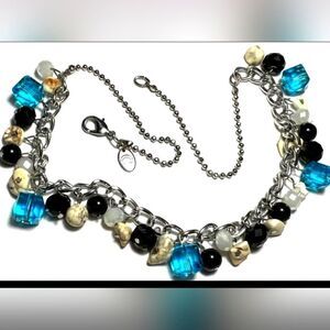 Vintage Necklace Signed  CHARMING CHARLIE Chain Cluster Beadz Blue Black 18.5"